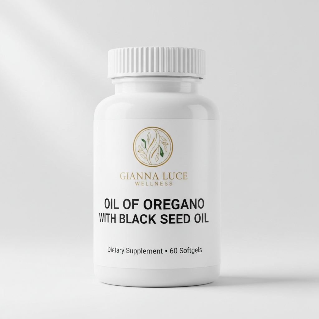 Oil of Oregano with Black Seed Oil Gianna Luce Wellness supplement bottle 60 Softgels